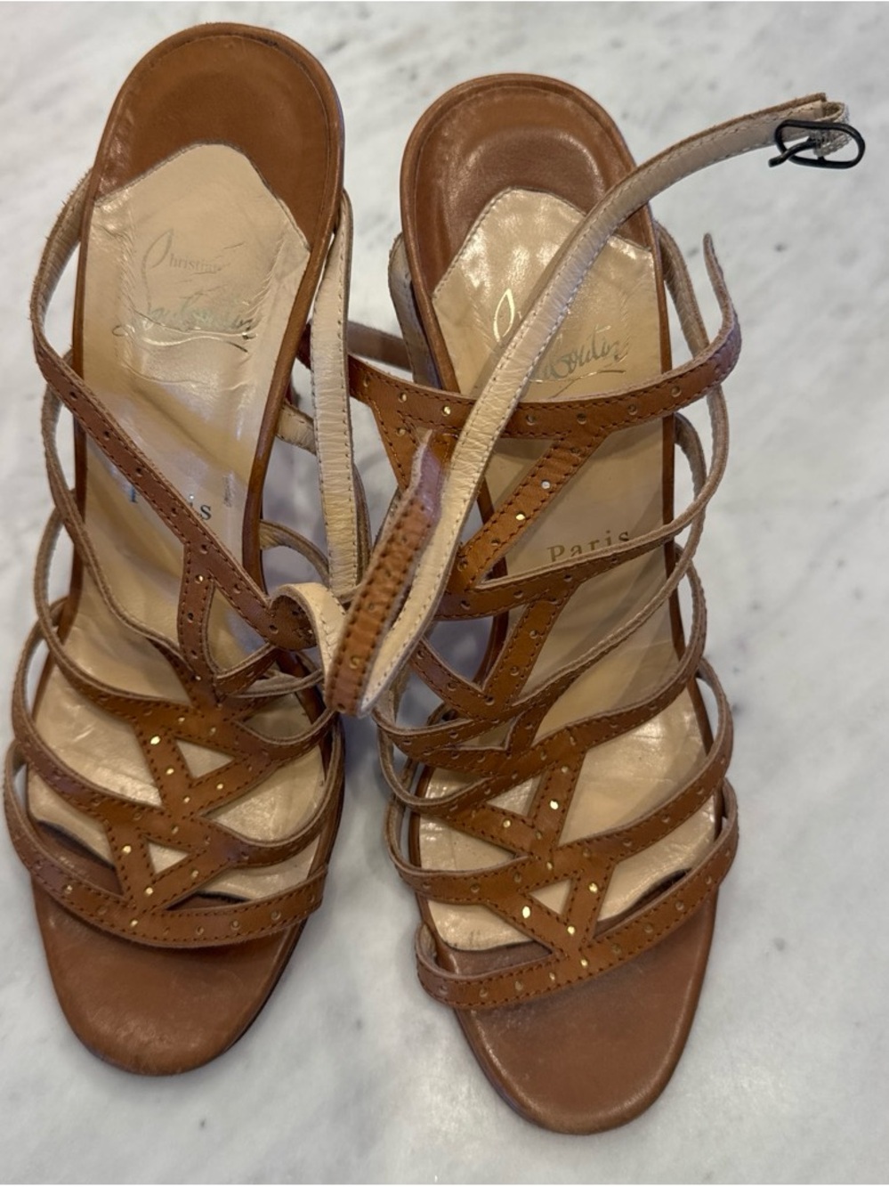 Christian Louboutin Brown Leather Strappy Sandals with Cream Insole